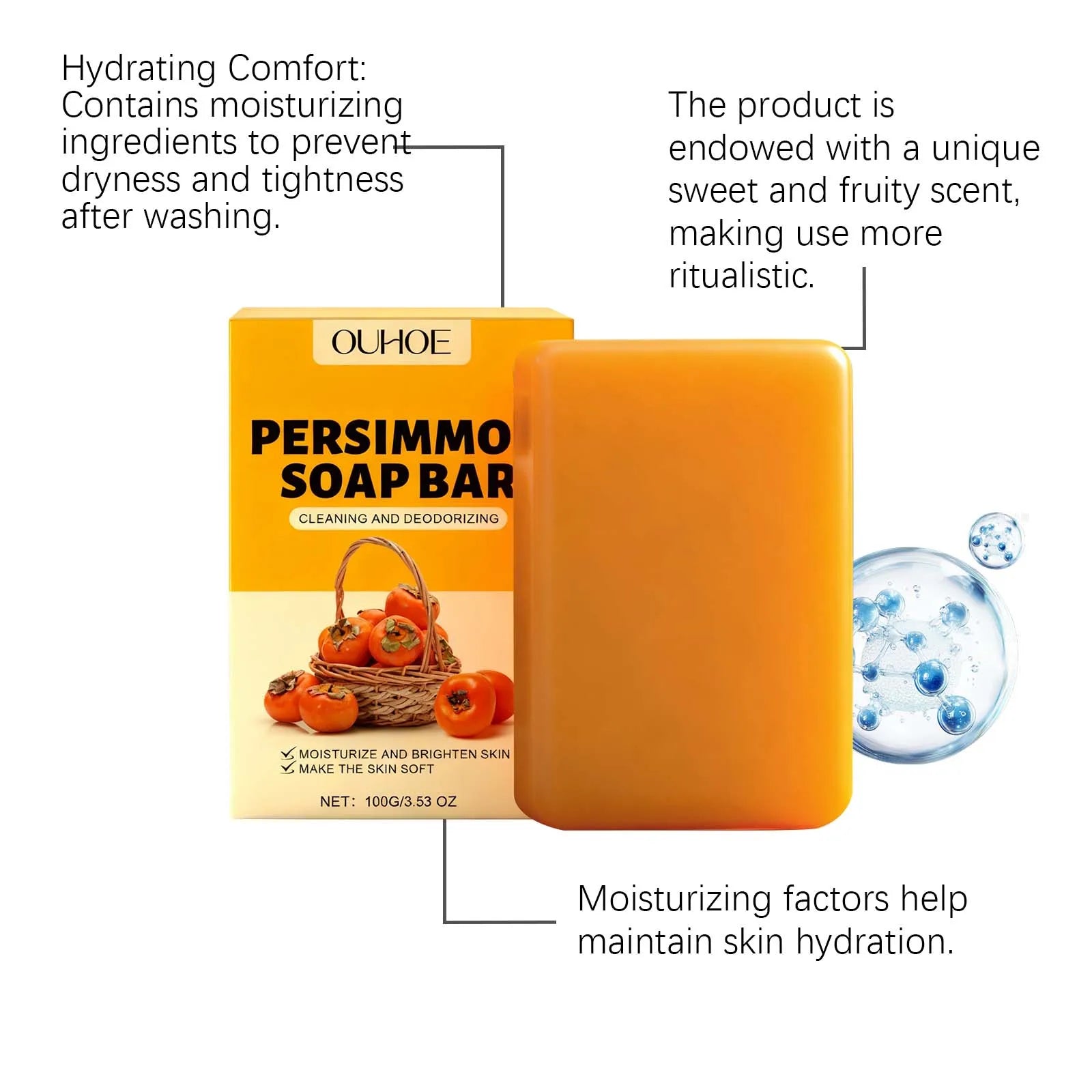 OUHOE Persimmon Soap Bar Sweet Fruity Scent Strengthen Skin Barrier Protection Maintain Healthy Removes Surface Dirt