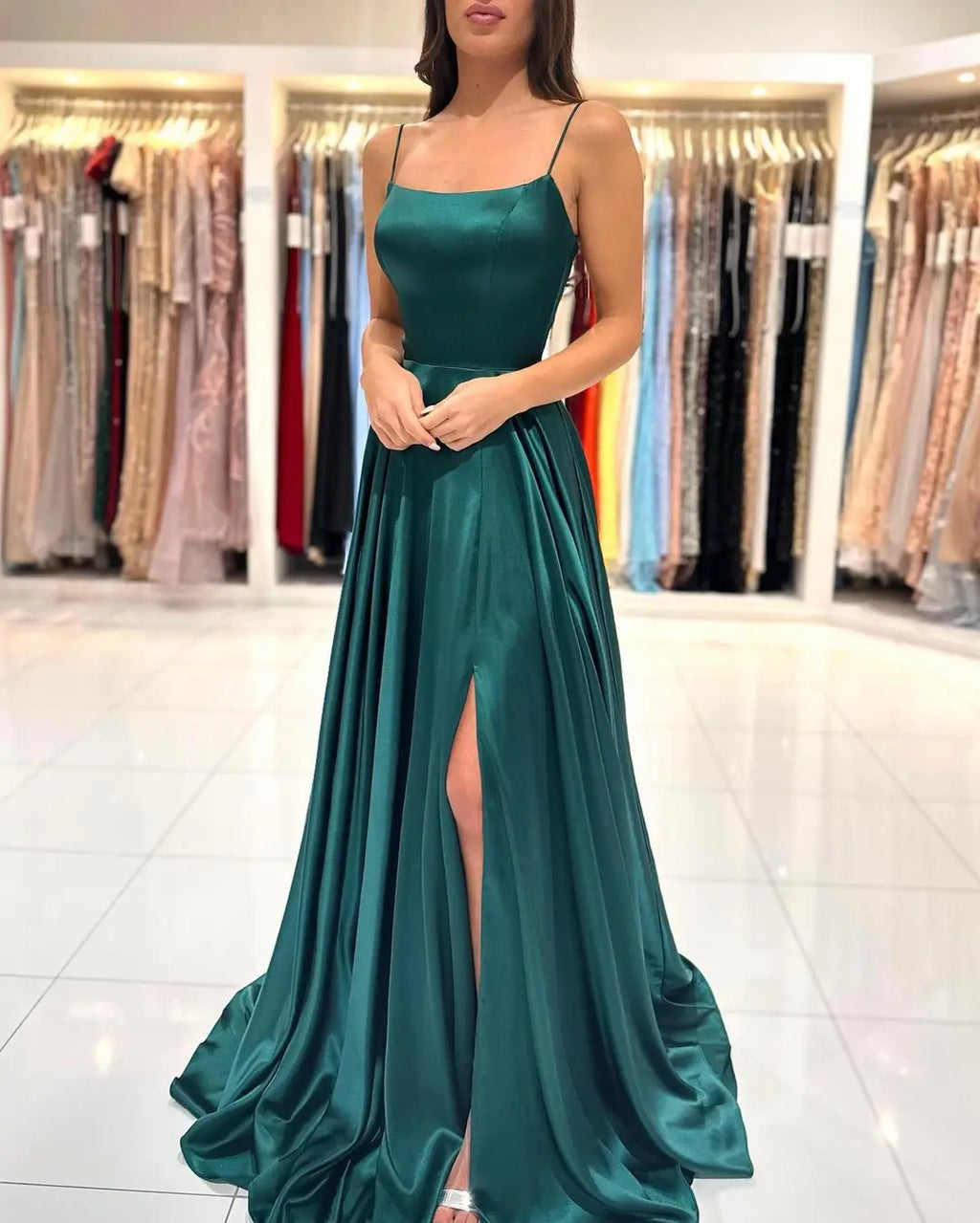BABYONLINE Simple In Stock Soft Sliky Satin Bridesmaid Dresses Cowl Neck Tieing Thin Straps Leg Slit and Flowing A-line Dress