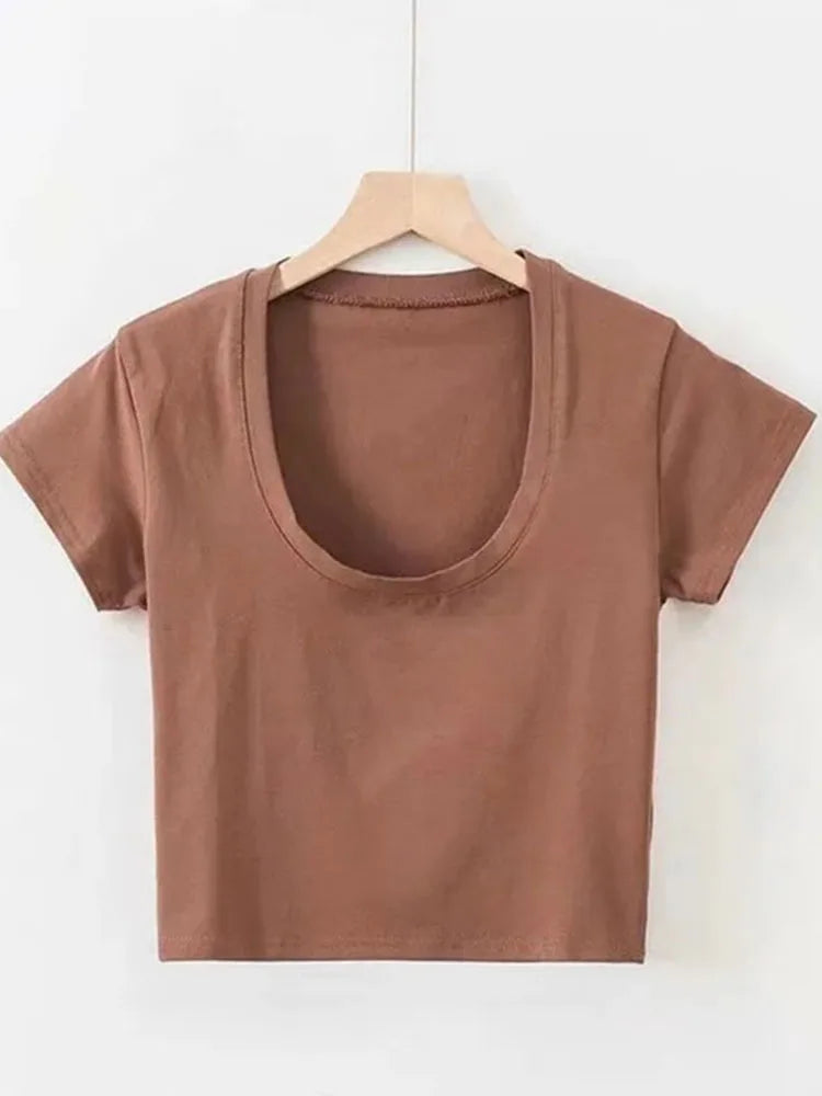 U-Neck Crop Top Solid Color Women Casual High Waist T Shirt Basic Sexy Streetwear Short Sleeve Slimming