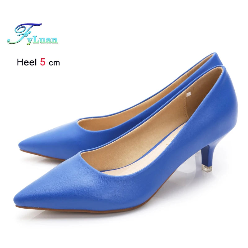 Black Med Heels 5cm Women Shoes Thin Heels Pointed Shallow Mouth Ladies Pumps Ten Colours Microfiber Stiletto Shiny Dating Shoes