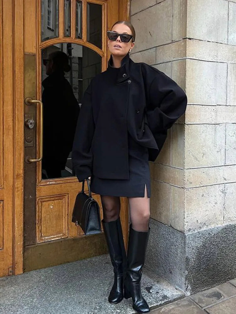 Stand Collar Women Spring Woolen Coats Single Breasted Loose Female Long Sleeve Jacket  Fashion Office Lady Street Short Coat