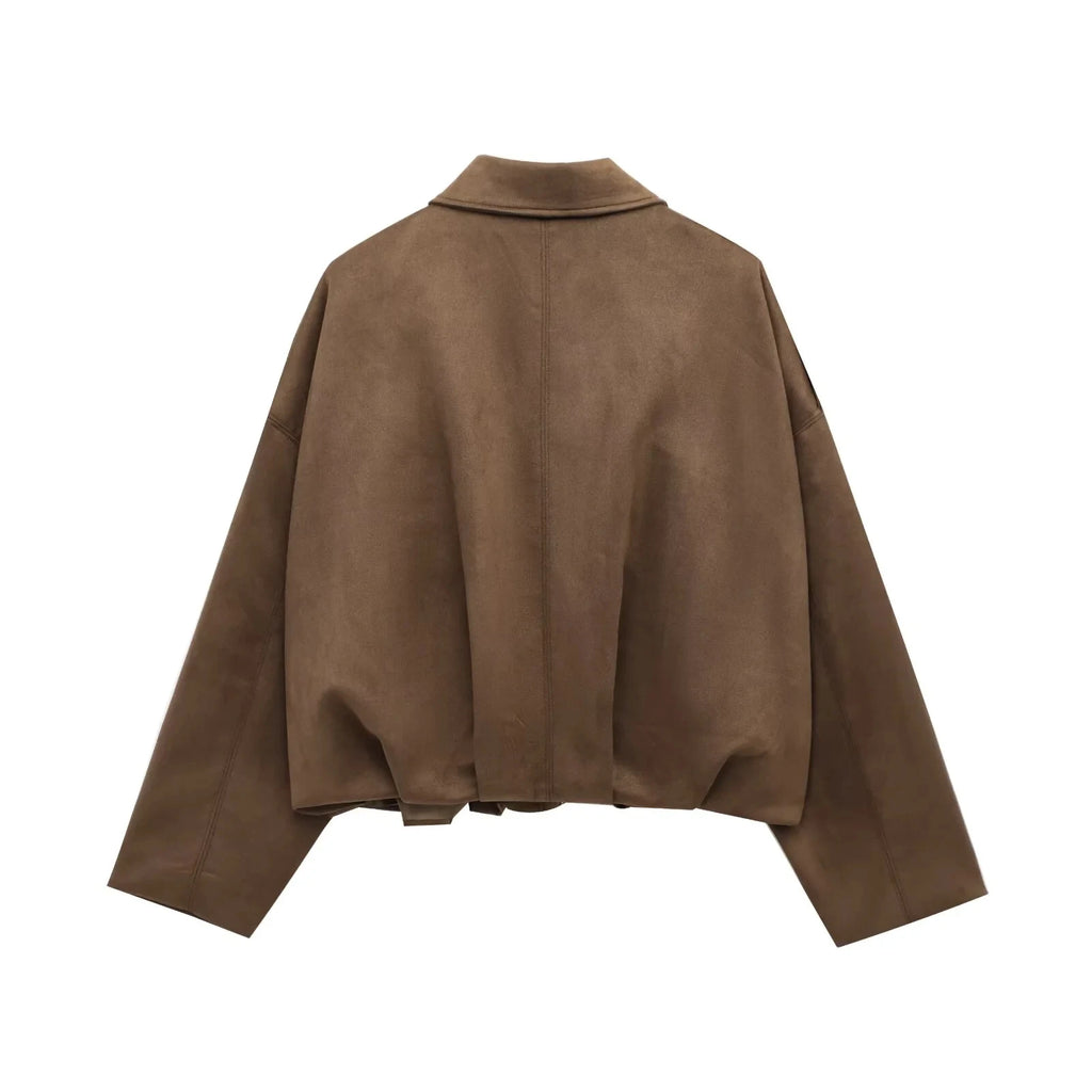 HH Women's Street Fashion Solid Loose Suede Texture Coats Causal Long Bat Sleeves Lapel Zipper Fly Winter Vintage Jackets
