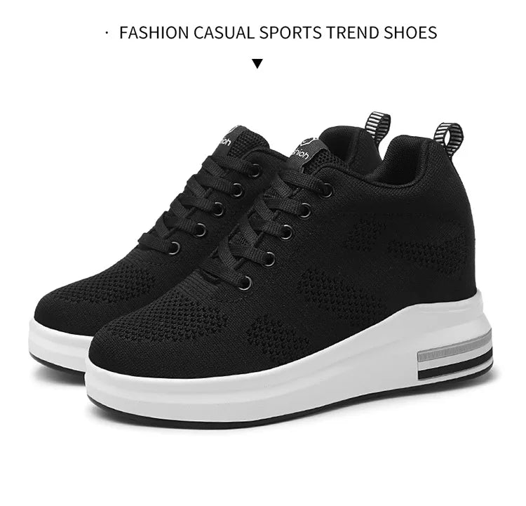 Casual Increase Women Shoes Mesh Comfortable Breathable Wedge Heels Fashion Contracted Lace Up Running Sneakers Tênis Branco