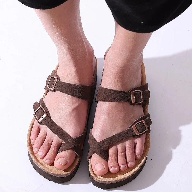 Shevalues Women Sandals Fashion Casual Cork Slippers Comfort Flats Slides With Adjustable Buckle Female Thick Sole Home Shoes