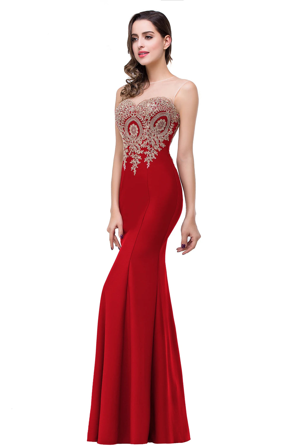 BABYONLINE Golden Appqulies Bridesmaid Dresses for Women Maxi Floor Length Mermaid Gowns Elegant Sweetheart Illusion Summer