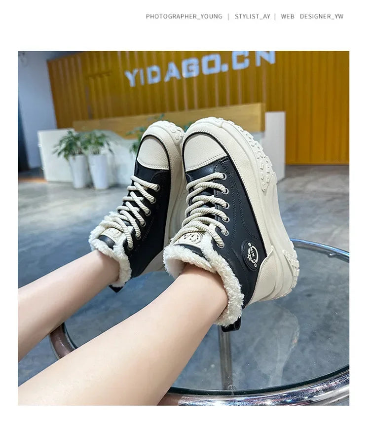 Women's Winter 2023 New Style Flat Boots Fleece Lined Thickened Warm Cotton Shoes High Top Little White Shoes Hx-q037