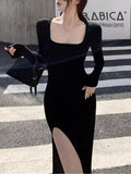Sexy Side Slit Dress for Women Tight-fitting Wrap Hip Over-the-knee Long Sleeved Dresses Black Street Bodycon Spring Autumn
