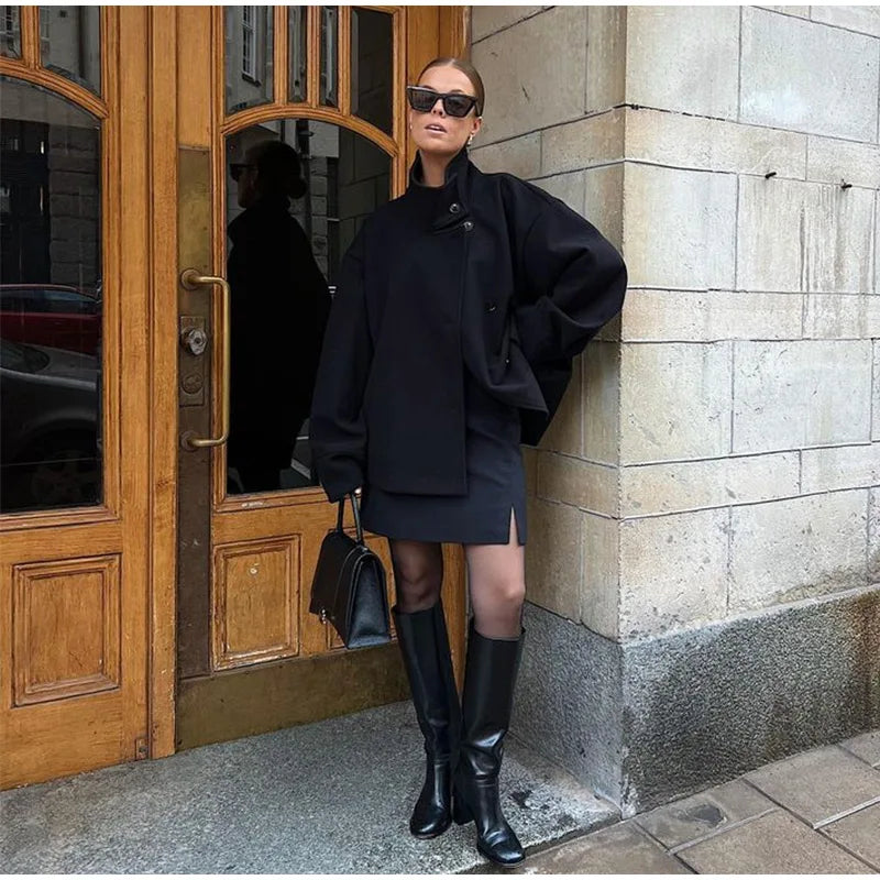 Stand Collar Women Spring Woolen Coats Single Breasted Loose Female Long Sleeve Jacket  Fashion Office Lady Street Short Coat
