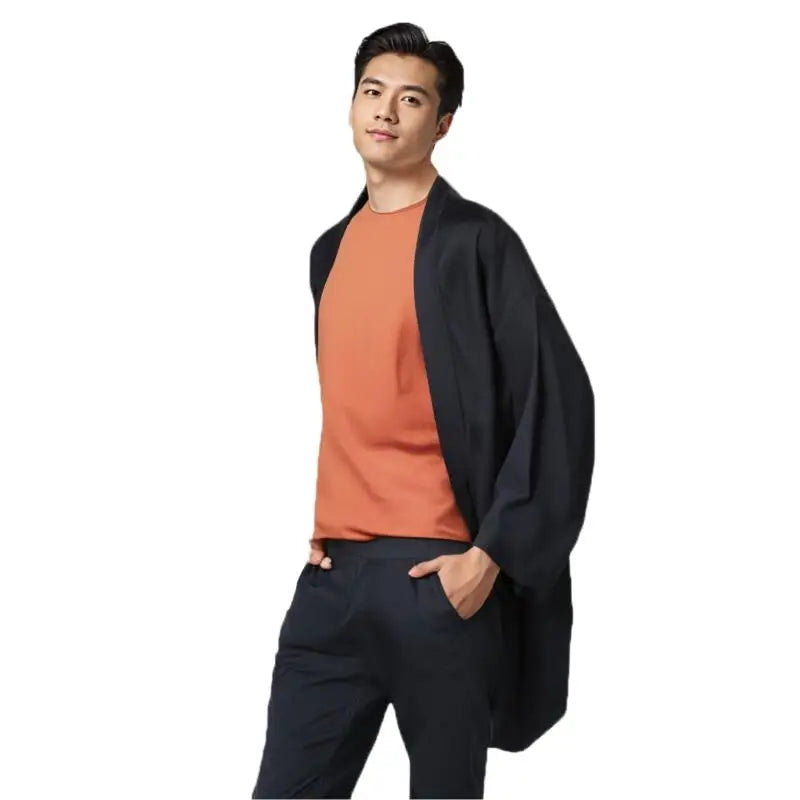 2024 New Men's Long Solid Color Japanese Kimono Poncho Summer Casual Loose Women's Yukata Haori Beach Black Hiyoshi Shirt Jacket