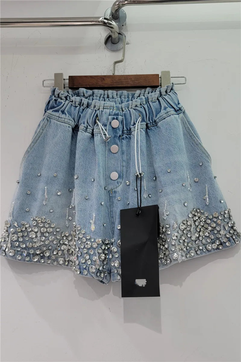 Heavy Industry Tassel Bead Diamond High Waist Jeans Shorts Loose Slimming Wide-Leg Denim Shorts Women 2023 Summer Short Pants