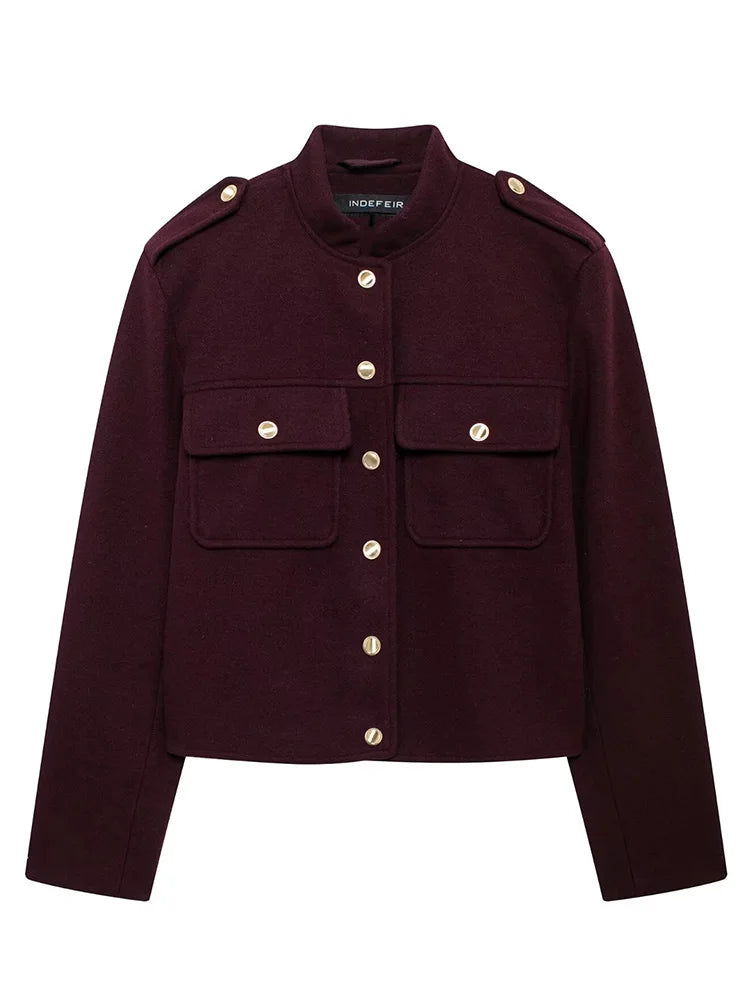 HH 2024 Fashion Women Soft Tweed Bomber Jacket O-Neck Long Sleeve Pockets Buttons Loose Woolen Coat Female Streetwear