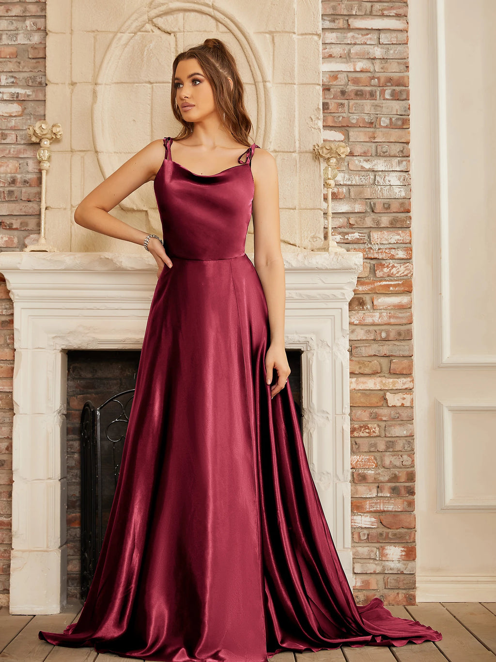 BABYONLINE Simple In Stock Soft Sliky Satin Bridesmaid Dresses Cowl Neck Tieing Thin Straps Leg Slit and Flowing A-line Dress