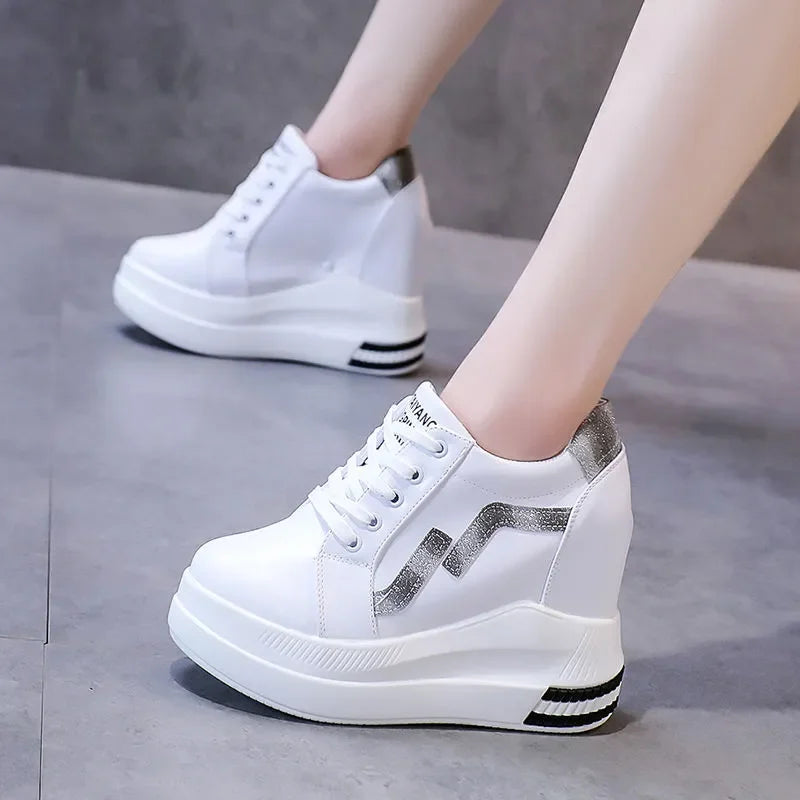 Women's Ankle Boots Autumn Leather Chunky Shoes Woman Platform Height Increased Sneakers 10.5CM Thick Sole Wedges White Boots