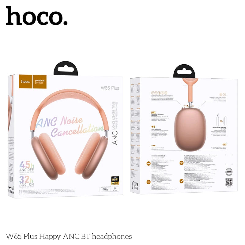 HOCO W65 Plus ANC Noise Reduction Bluetooth Headphones Over The Ear Wireless Big Earphone Hifi Sounds Sport Headsets With Button
