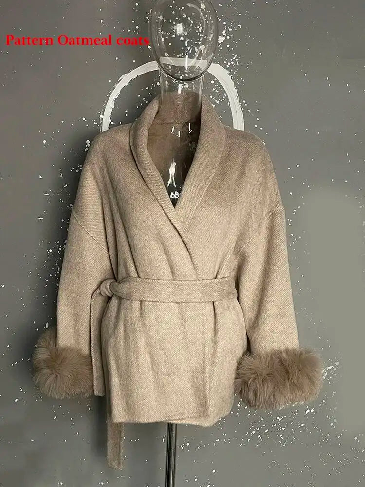 UCXQ Elegant OL Office Lady Overcoats Fur Patchwork Long Sleeve Woolen Coat Beautiful Women's Clothing Jacket Autumn 2025 Winter