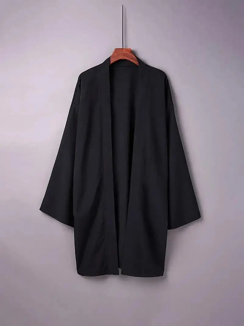 2024 New Men's Long Solid Color Japanese Kimono Poncho Summer Casual Loose Women's Yukata Haori Beach Black Hiyoshi Shirt Jacket