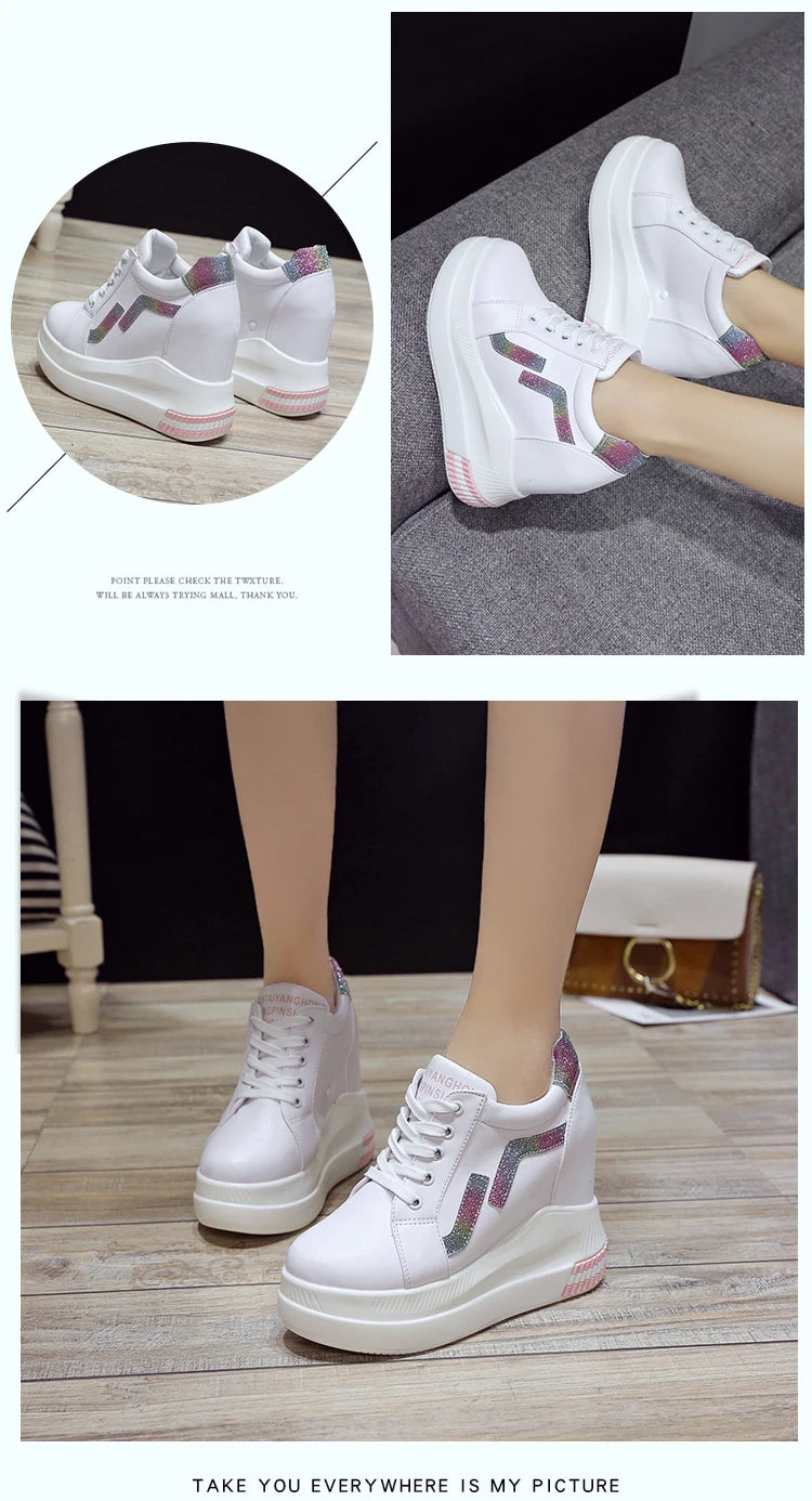 Women's Ankle Boots Autumn Leather Chunky Shoes Woman Platform Height Increased Sneakers 10.5CM Thick Sole Wedges White Boots