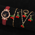 5/6 PCS/Set Red Women's Watch With Minimalist Elements Dial Quartz Watch Latex Strap Cherry Elements Jewelry Set Girl's Gift