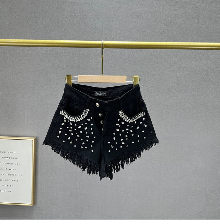 Diamond-Embedded Denim Shorts Women's Fashionable 2023 New Summer High Waist Loose Slimming Raw Hem Wide Legs Short Hot Pants