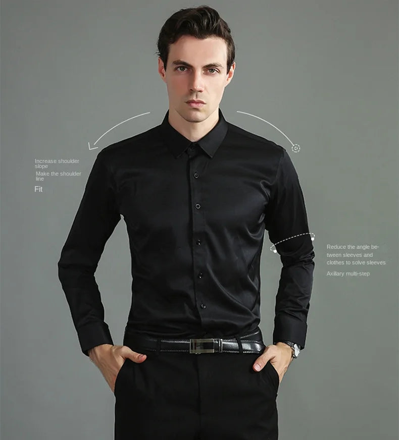 Micro elastic men's long sleeved shirt, silky and not easily wrinkled, high-quality men's shirt, plus size shirt