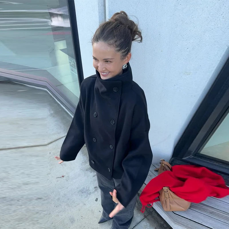 Stand Collar Women Spring Woolen Coats Single Breasted Loose Female Long Sleeve Jacket  Fashion Office Lady Street Short Coat