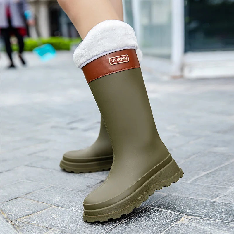 Adult Fashionable High-top Rain Boots Women's Waterproof and Non-slip Rain Boots for Outdoor Travel and Camping Cotton Warm Boot