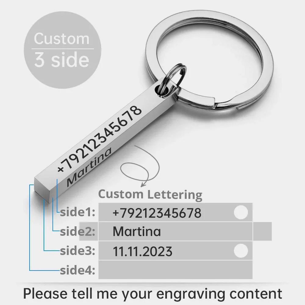 3D Bar Stainless Steel Personalize Keychains Engrave Text Name Date Logo Keyrings Customized Key Chain Rings Christmas Gift P039