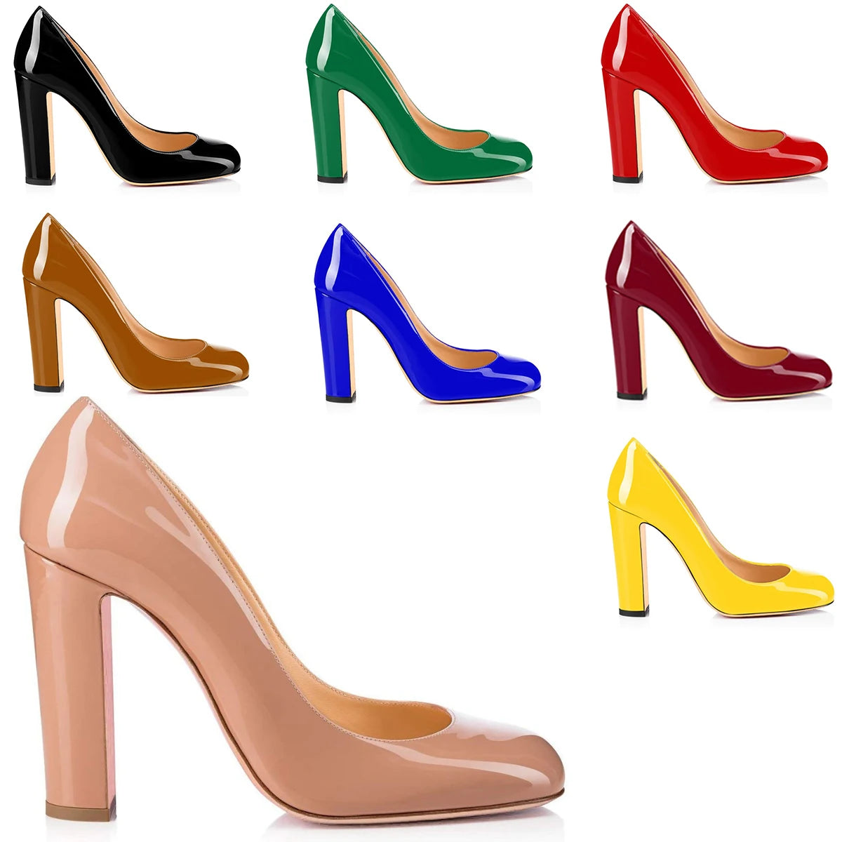 Women Patent Round Toe Block Heel High Heel Pumps Office Work Shoes Multi-color