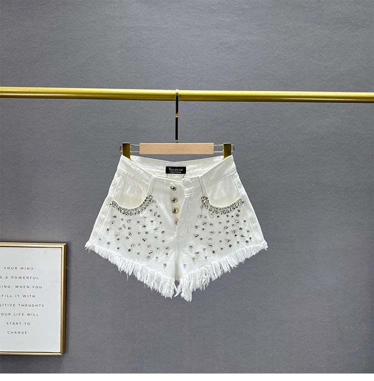 Diamond-Embedded Denim Shorts Women's Fashionable 2023 New Summer High Waist Loose Slimming Raw Hem Wide Legs Short Hot Pants
