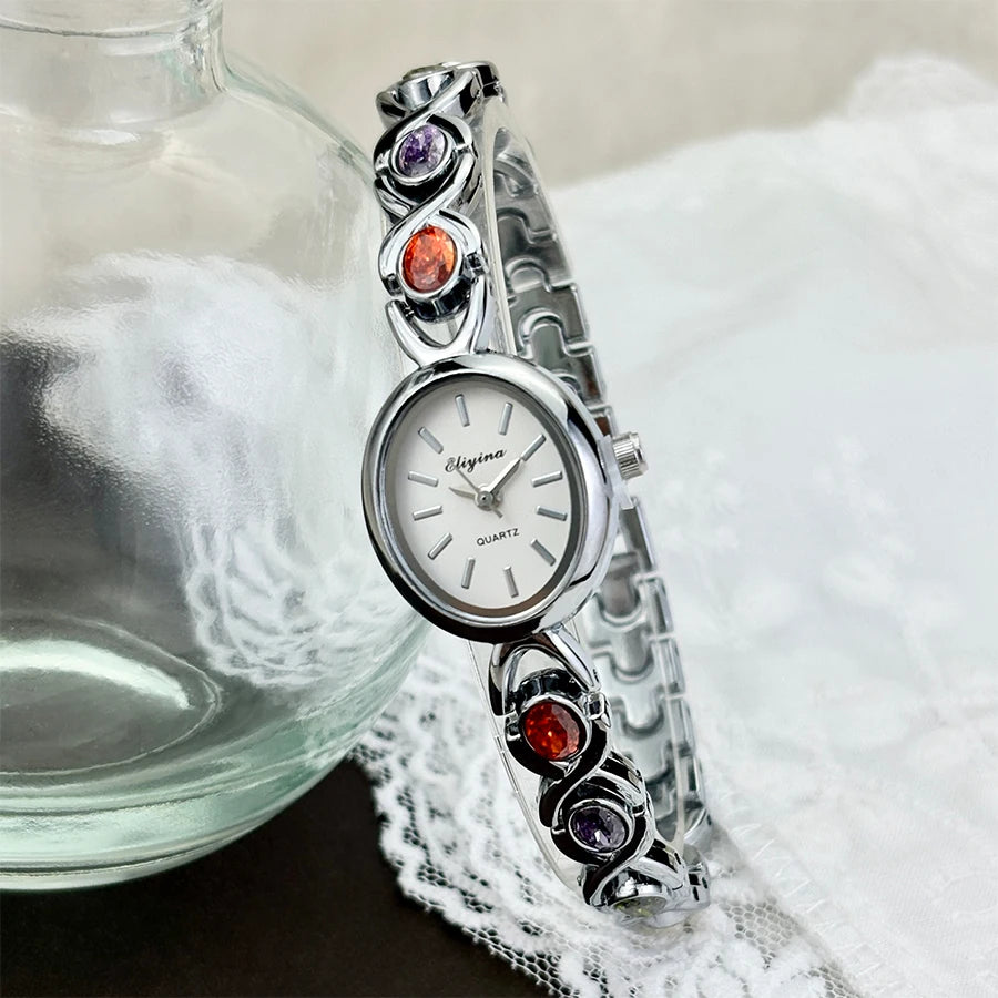 Elegant Lady's Retro round Color Gem Rainbow Quartz Watch with Chain Scale French Luxury Fashionable Ladies' Timepiece