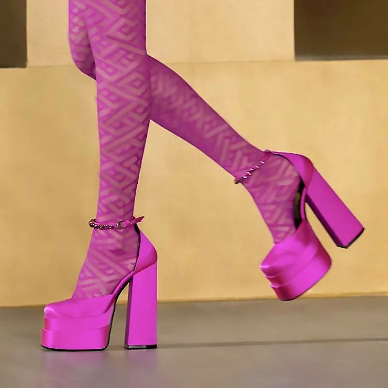High Heels Women 2025 New Fashion Show 15cm Personality Super High Heel Waterproof Square Head Black Silk Runway Shoes