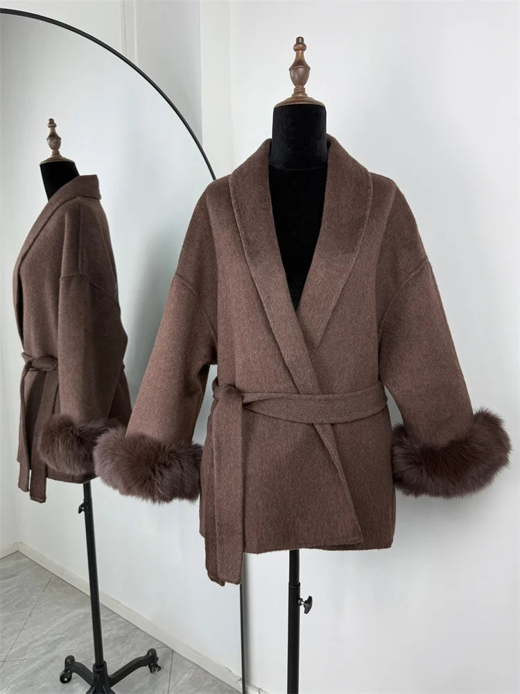 Tossy Fox Fur Wool Overcoat Women's Short Coat Office Lady Elegant Double-sided Woolen Coat 2025 New Cardigan Jackets Loose Wool