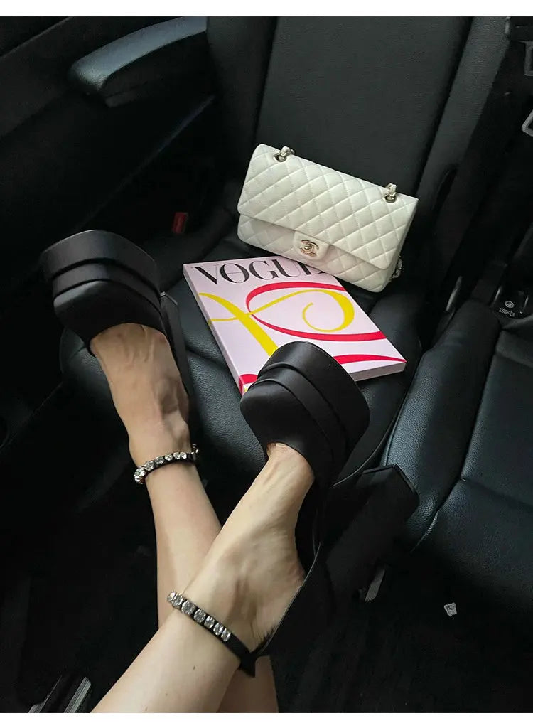 High Heels Women 2025 New Fashion Show 15cm Personality Super High Heel Waterproof Square Head Black Silk Runway Shoes