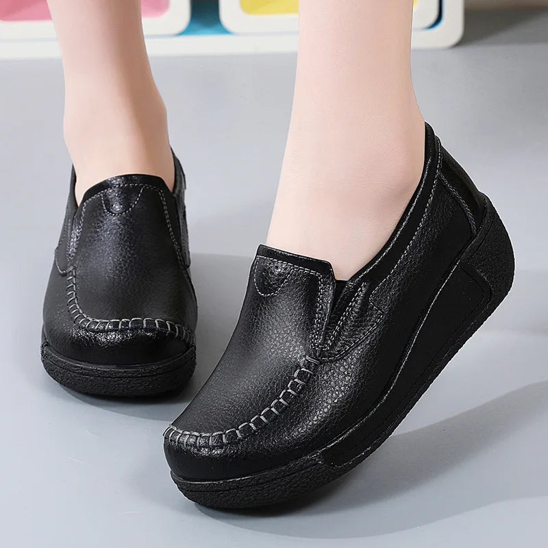 2022 Spring Autumn Women Flats Platform Loafers Ladies Genuine Leather Comfort Wedge Moccasins Orthopedic Slip On Casual Shoes