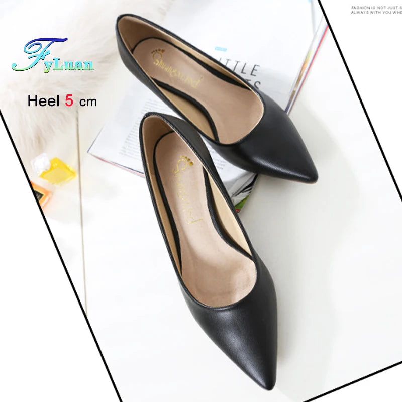 Black Med Heels 5cm Women Shoes Thin Heels Pointed Shallow Mouth Ladies Pumps Ten Colours Microfiber Stiletto Shiny Dating Shoes