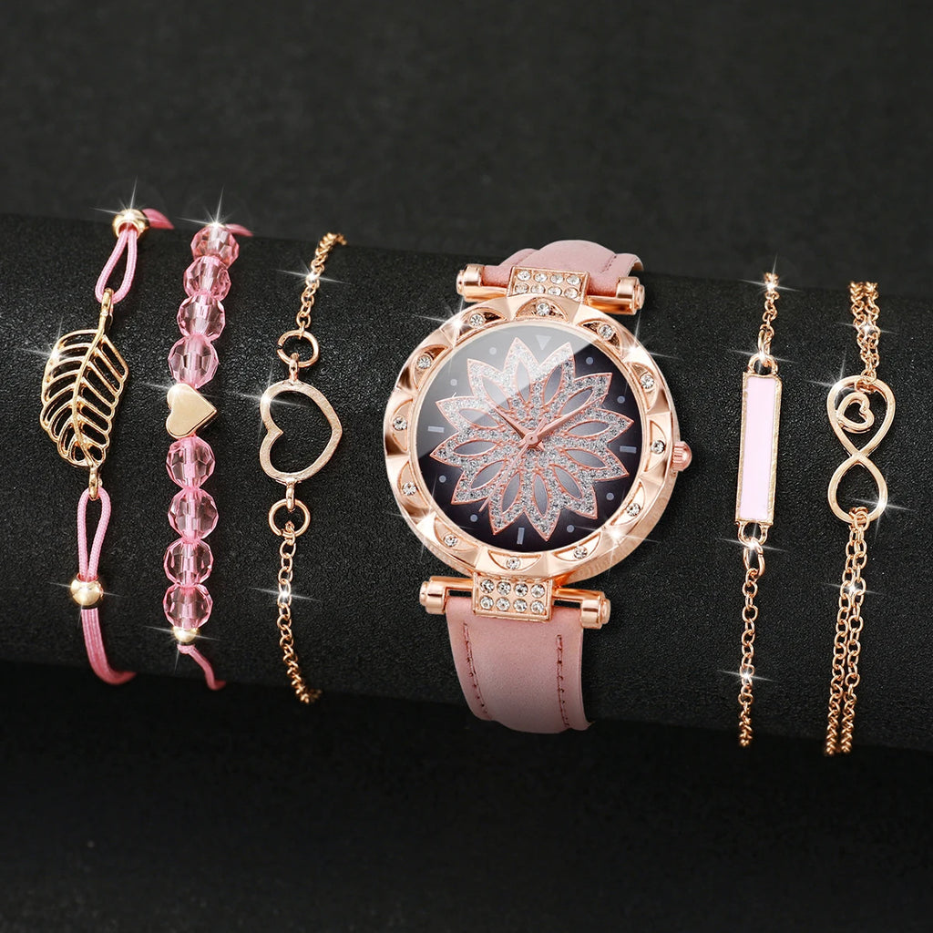 6PCS/Set Fashion Heart Dial Women's Watch Casual Leather Band Analog Quartz Watch Leaf Bracelets Set（Without Box）