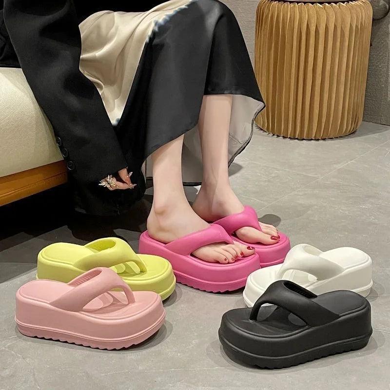 Bebealy Deep Heels Women's Slippers Summer Platform Home Slippers Soft Beach Slippers Outdoor Thick Sole Non-slip Cloud Slippers
