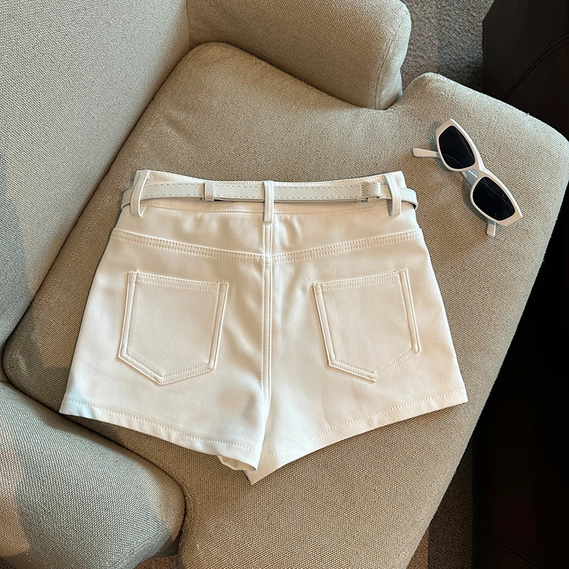 Autumn Black White Elegant Fashion Sexy Slim Short Pant Clothes Women Casual Beige Pockets High Waist Office Lady Shorts Simple