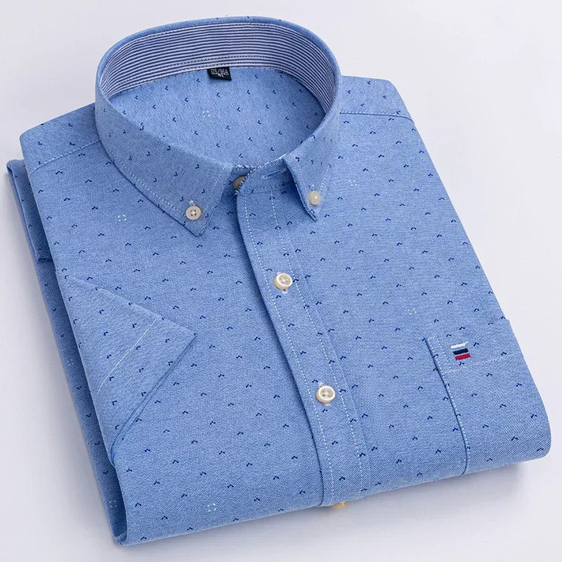 2026 100% Pure Cotton Men's Oxford Short Sleeve Square Collar Soild Plaid Striped Summer Casual Shirts Single Pocket  Shirt