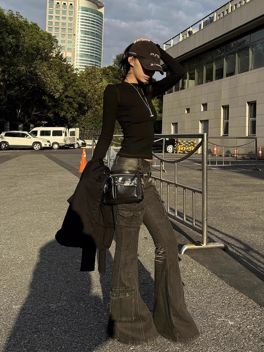 REDDACHiC Black Low Waist Cargo Jeans 2000s Distressed Whiskers Multi-pocket Stretch Bootcut Pants Women Retro Grunge Streetwear