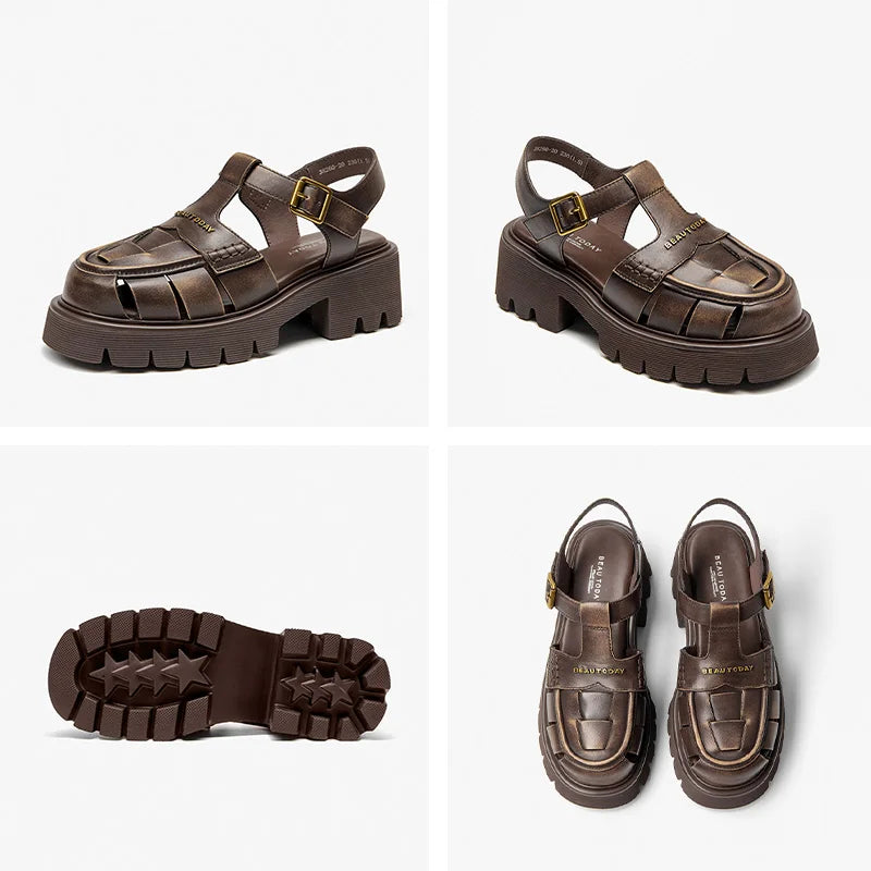 BEAUTODAY Gladiator Platform Sandals Women Solid Buckle T-Strap Thick Sole Retro Rome Summer Beach Ladies Shoes Handmade 38260