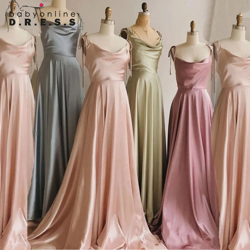 BABYONLINE Simple In Stock Soft Sliky Satin Bridesmaid Dresses Cowl Neck Tieing Thin Straps Leg Slit and Flowing A-line Dress