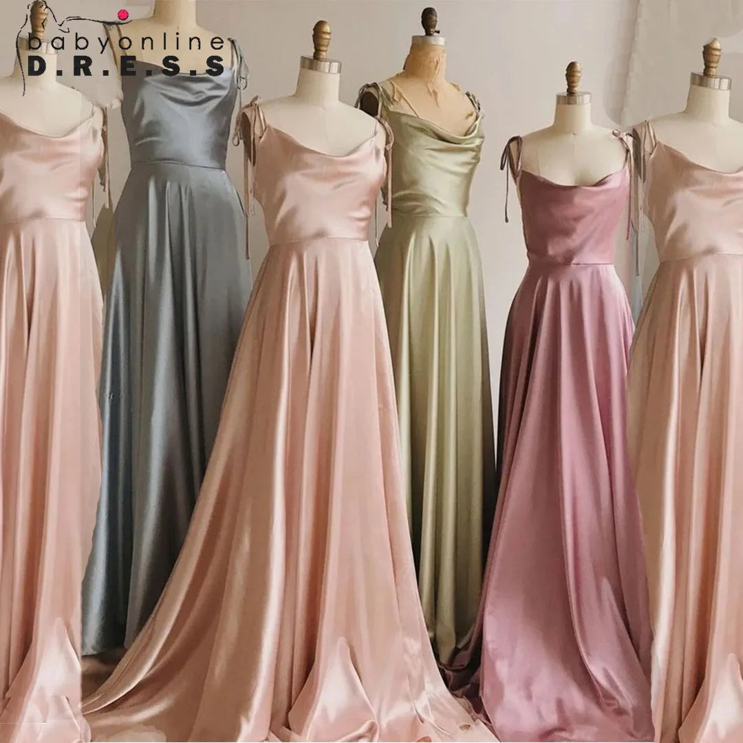 BABYONLINE Simple In Stock Soft Sliky Satin Bridesmaid Dresses Cowl Neck Tieing Thin Straps Leg Slit and Flowing A-line Dress