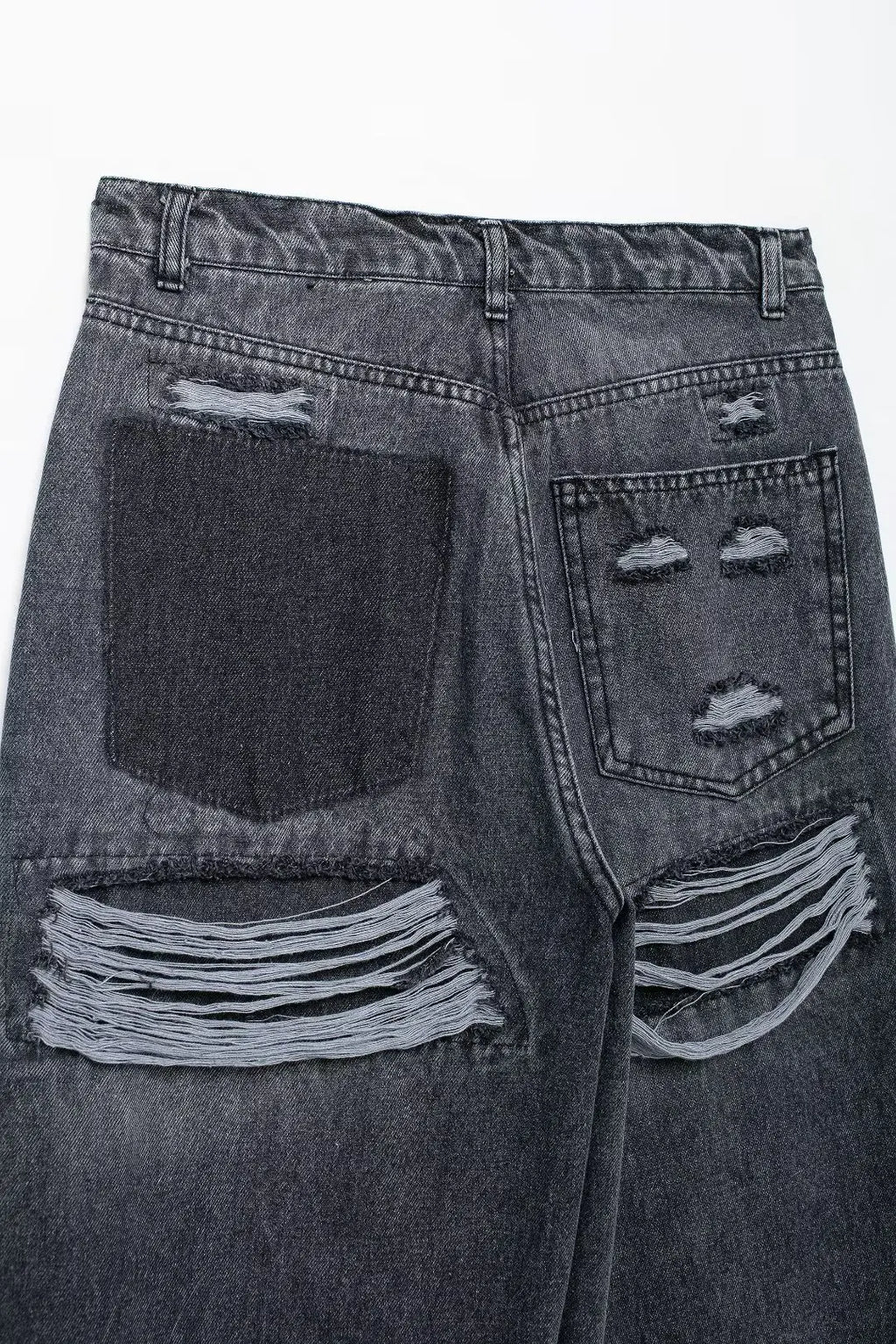 HH 2024 Women's Street Fashion Denim Blue Jeans Distressed Patchwork High Waist Zipper Fly Ripped Retro Long Pants
