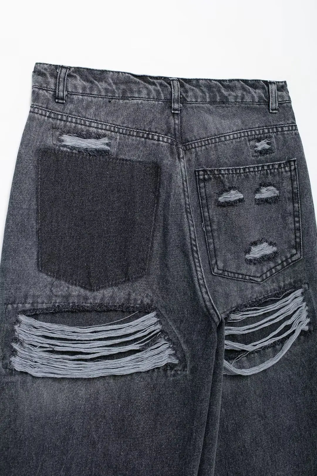 HH 2024 Women's Street Fashion Denim Blue Jeans Distressed Patchwork High Waist Zipper Fly Ripped Retro Long Pants
