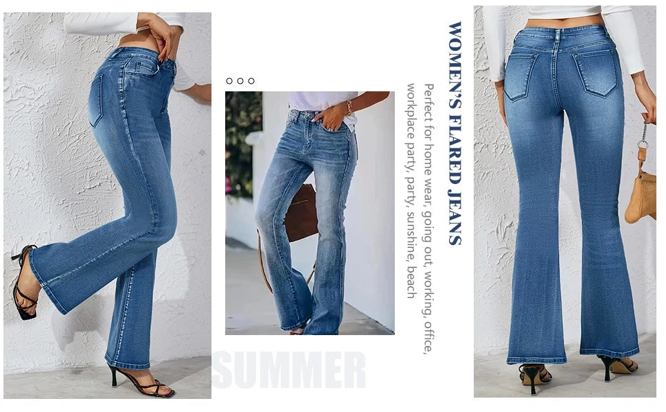 Flared Pants Womens Jeans Straight Leg High Waist Slim Fit Denim Trousers for Women Fashion Flare Bottom Ladies