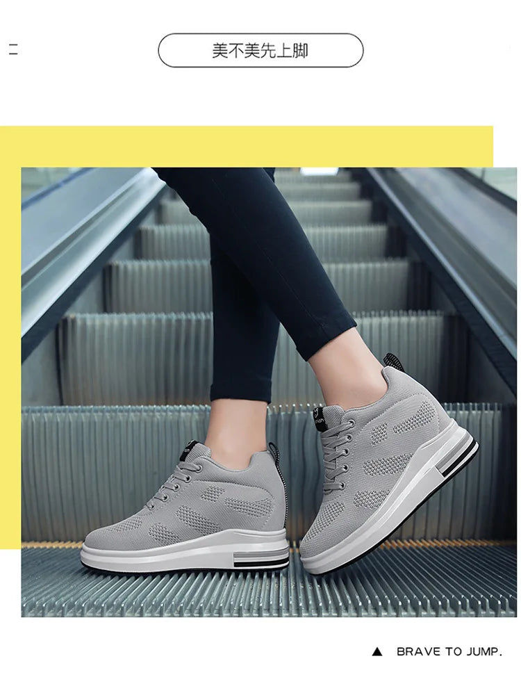 Casual Increase Women Shoes Mesh Comfortable Breathable Wedge Heels Fashion Contracted Lace Up Running Sneakers Tênis Branco