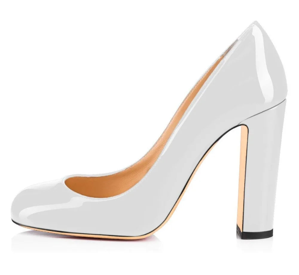 Women Patent Round Toe Block Heel High Heel Pumps Office Work Shoes Multi-color