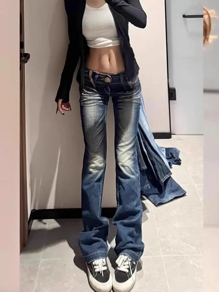 Summer Y2K Fashion Retro Punk Low Waist Casual Embroidery Diamond Jeans Blue Wings Pattern Embroidered Leg Slim Pants