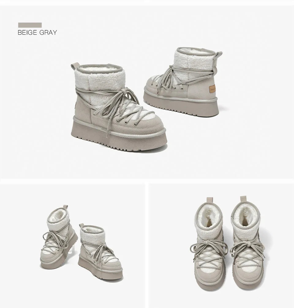 BEAUTODAY Snow Boots Women Cow Leather Solid Color Round Toe Thick Sole Slip-On Winter Keep Warm Laides Furry Shoes MS1A001